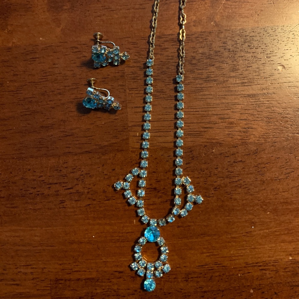 RARE Stunning Vintage Blue & Clear Rhinestone Necklace & Earring BRIDAL Set
